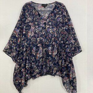 Lane Bryant size 14/16 Navy Multi Floral V Neck Soft Flowy Chiffon Sheer Blouse